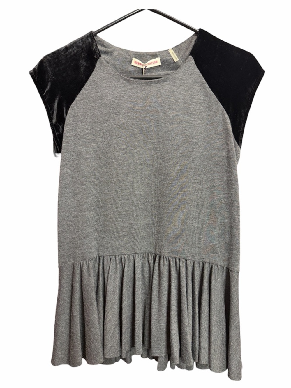 Rebecca Taylor Gray Knit Peplum Top Black Velour Shoulder Accent. Size M